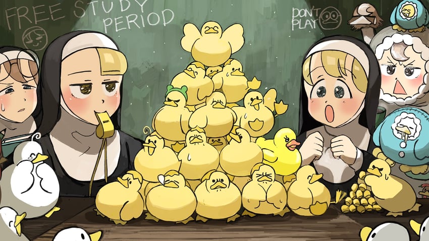 clumsy nun, froggy nun, spicy nun, and glasses nun (little nuns) drawn by diva_(hyxpk)