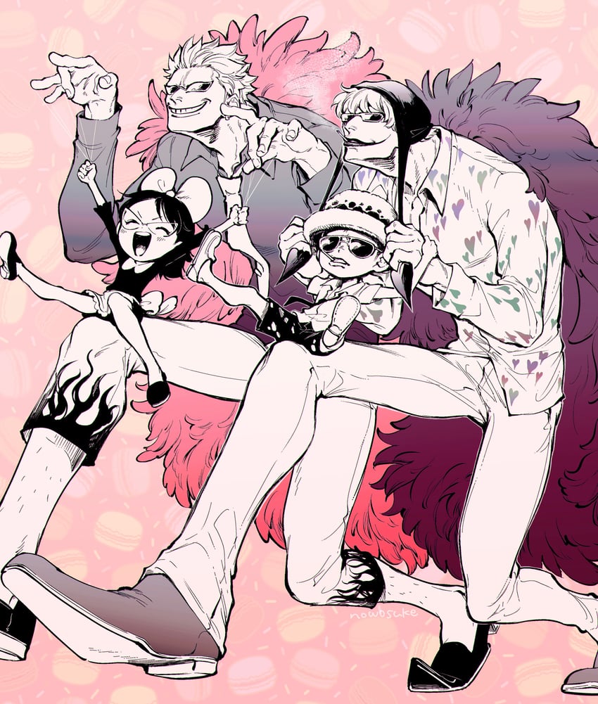 trafalgar law, donquixote doflamingo, donquixote rocinante, and baby 5 (one piece) drawn by nowosuke