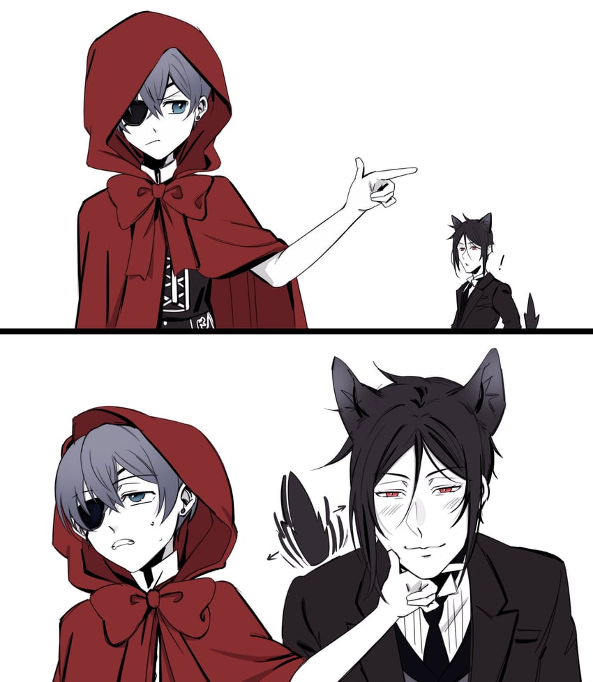 little red riding hood, ciel phantomhive, big bad wolf, and sebastian michaelis (little red riding hood and 1 more) drawn by uneasywolf