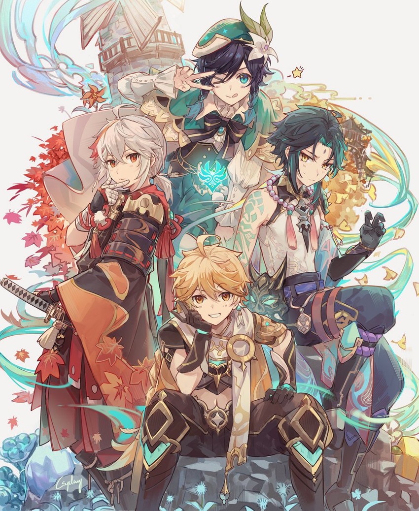 aether, venti, xiao, and kaedehara kazuha (genshin impact) drawn by csyday