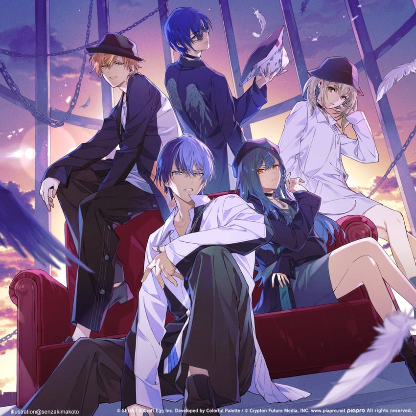 kaito, shinonome akito, shiraishi an, aoyagi touya, azusawa kohane, and 1 more (vocaloid and 2 more) drawn by senzaki_makoto