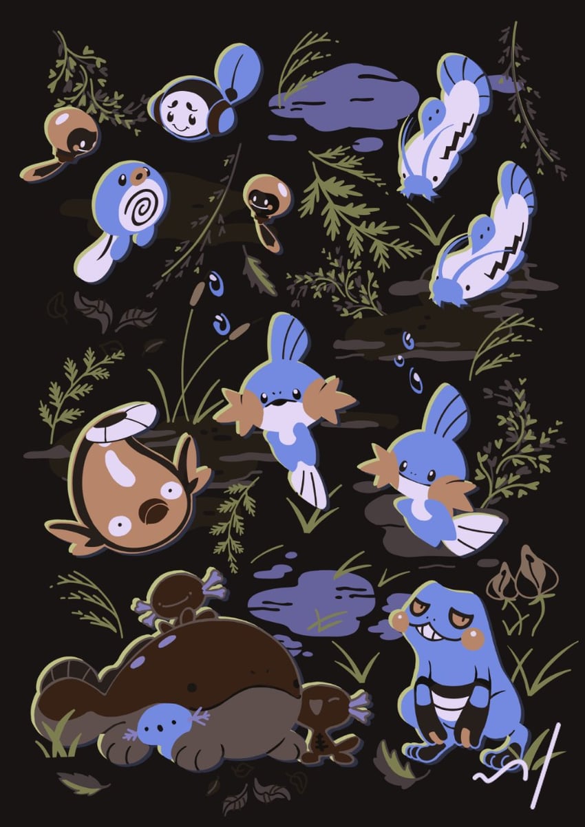 mudkip, wooper, clodsire, poliwag, paldean wooper, and 5 more (pokemon) drawn by nessiesu