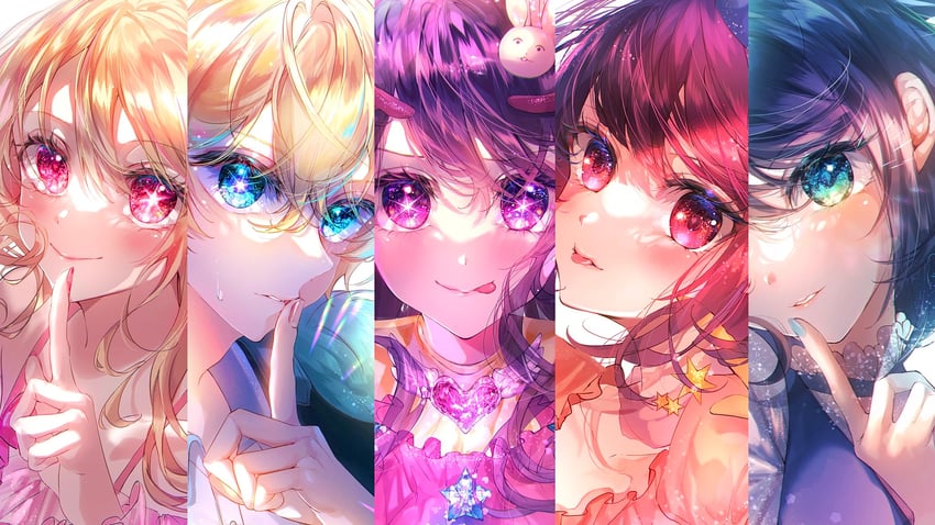 arima kana, hoshino ai, hoshino ruby, hoshino aquamarine, and kurokawa akane (oshi no ko) drawn by mira_hidume