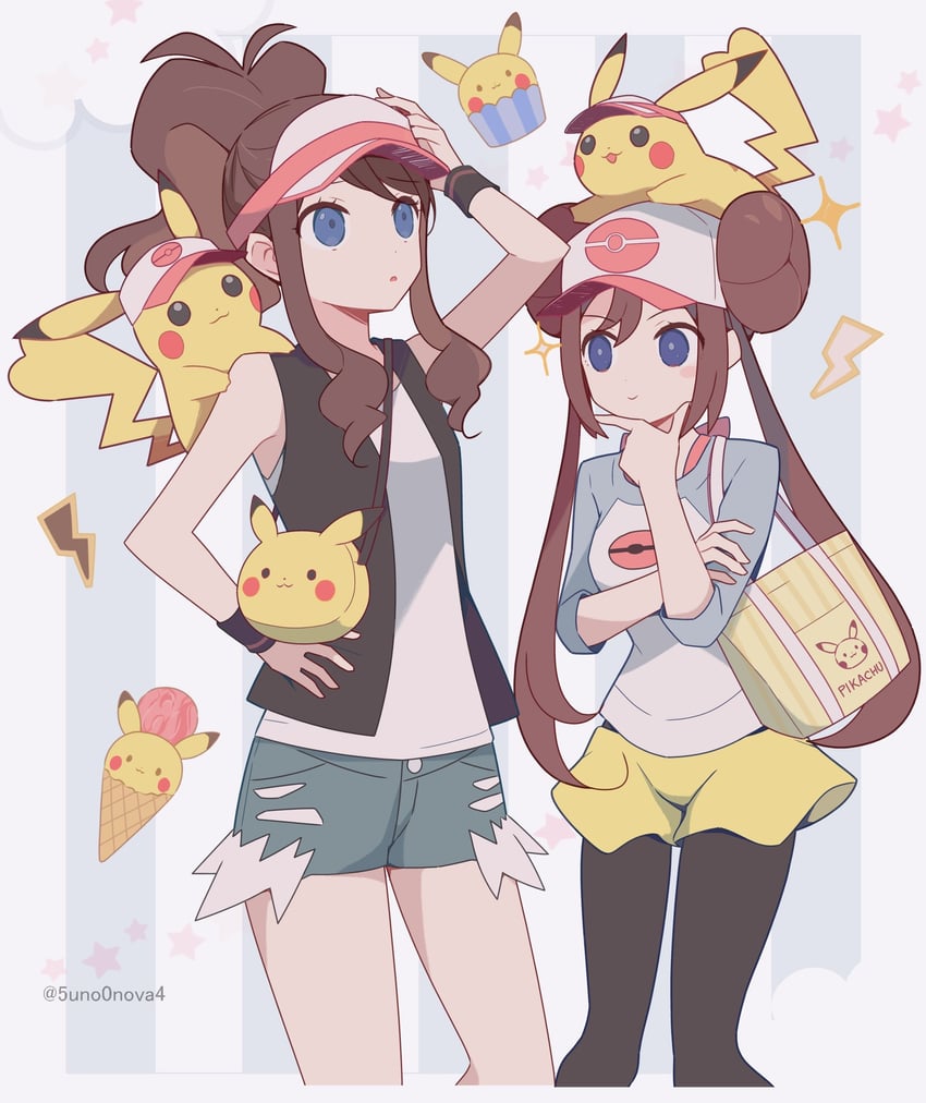 pikachu, rosa, and hilda (pokemon and 2 more) drawn by 343rone