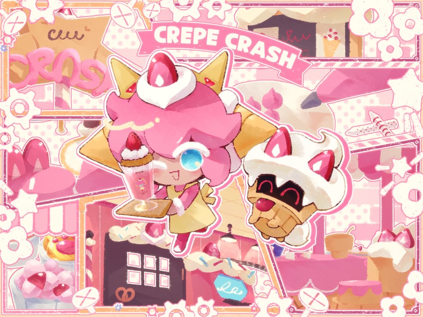strawberry crepe cookie and wafflebot (cookie run and 1 more) drawn by b4c5ce