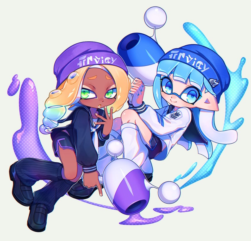 inkling player character, inkling girl, octoling player character, and octoling girl (splatoon) drawn by desu_shichou