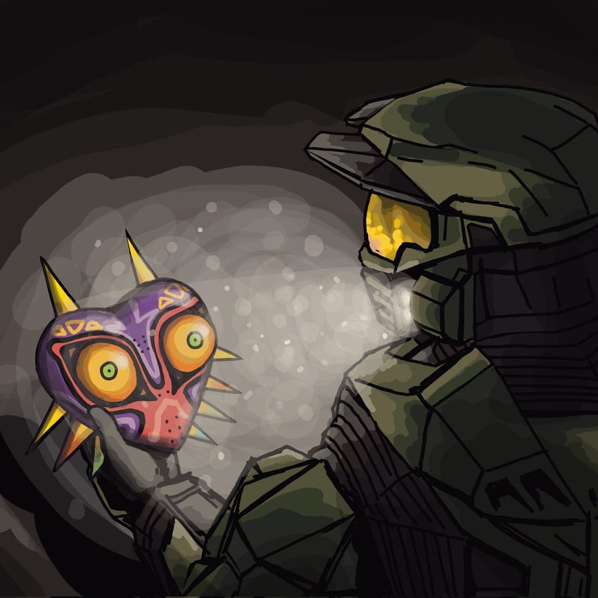 majora and master chief (the legend of zelda and 3 more) drawn by jj_rabbid