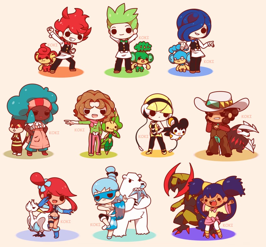skyla, elesa, iris, emolga, cilan, and 14 more (pokemon and 1 more) drawn by koki_arts