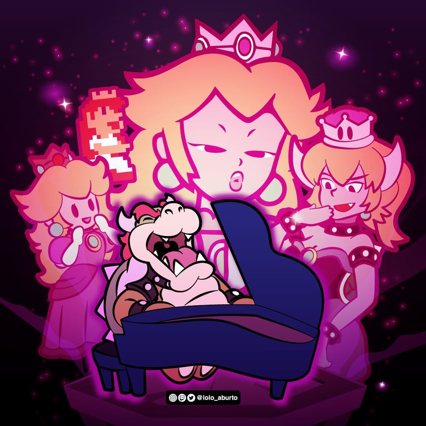 princess peach, bowsette, bowser, and paper peach (mario and 5 more) drawn by lolo_aburto