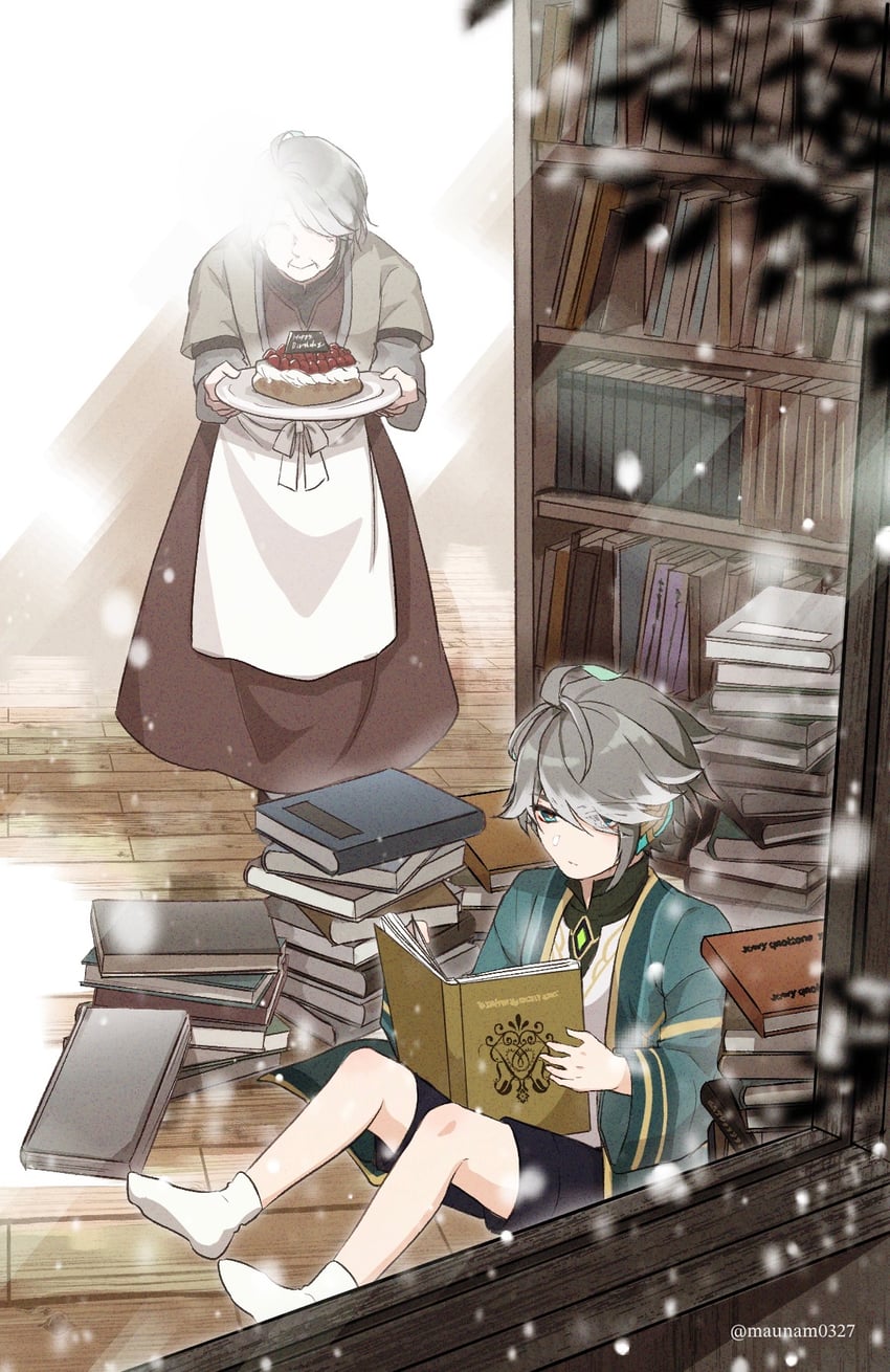alhaitham and alhaitham's grandmother (genshin impact) drawn by maunam0327