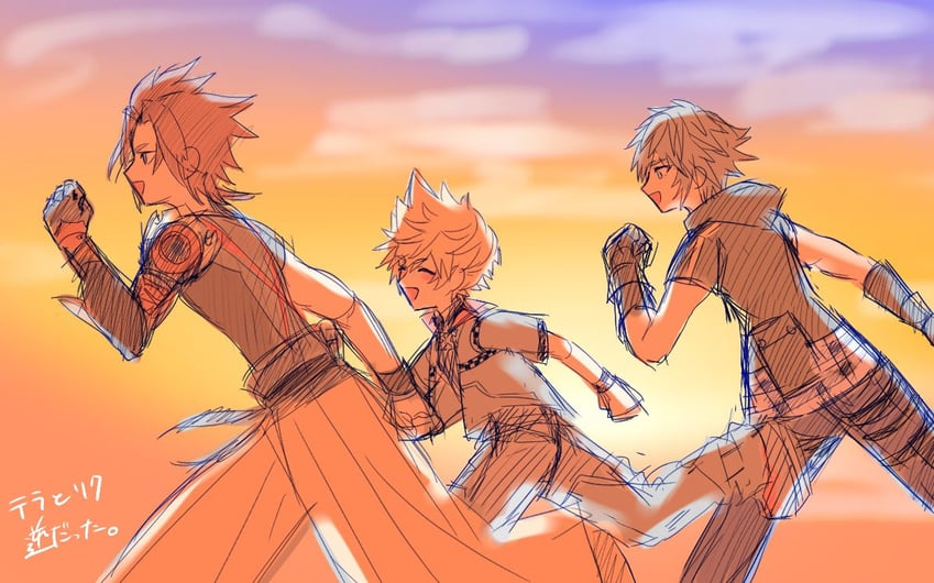 roxas, riku, and terra (kingdom hearts and 1 more) drawn by ao_ringo_(yakirinngo_ha)