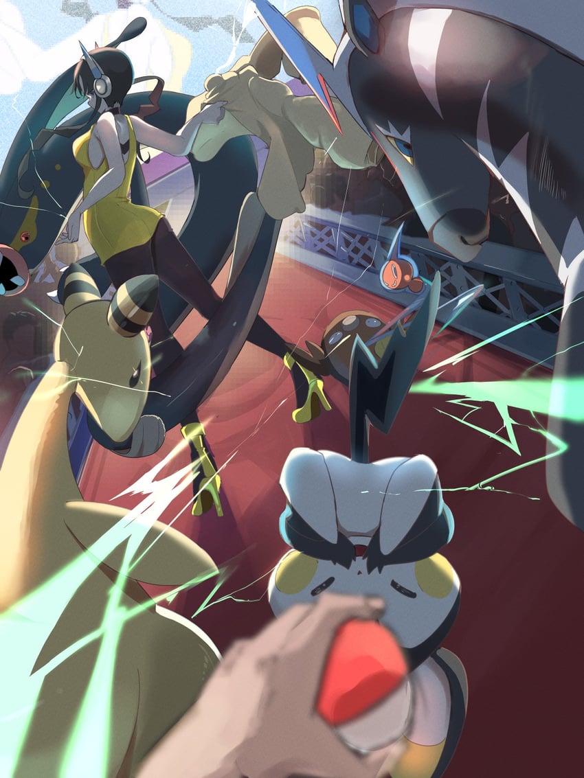 rotom, elesa, emolga, ampharos, zebstrika, and 2 more (pokemon and 2 more) drawn by momdy_(talesshinja)