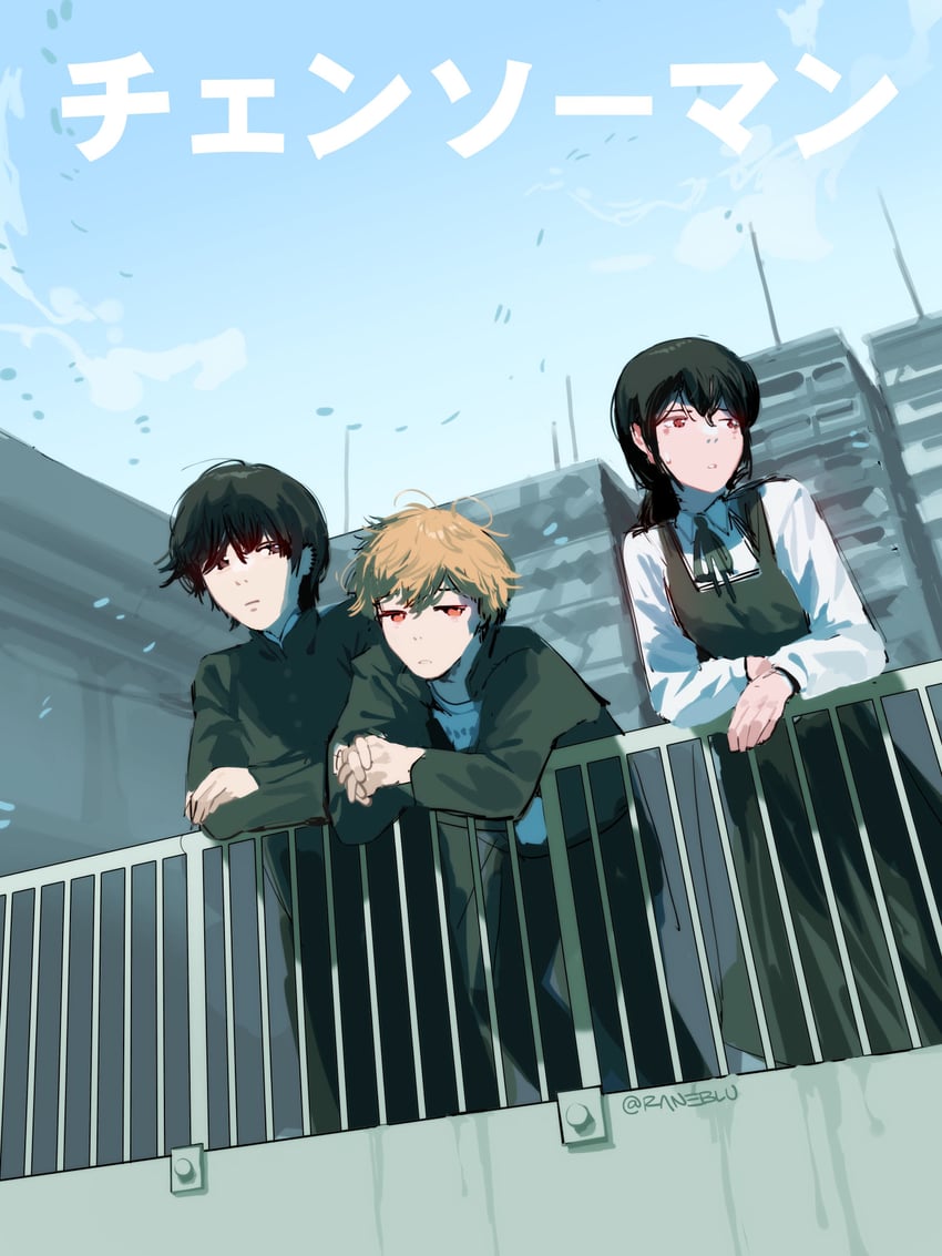 denji, mitaka asa, and yoshida hirofumi (chainsaw man) drawn by raneblu