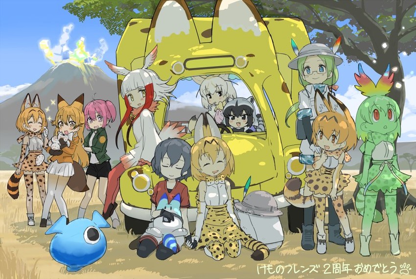 serval, kaban, common raccoon, fennec, lucky beast, and 6 more (kemono friends) drawn by kanemaru_(knmr_fd)