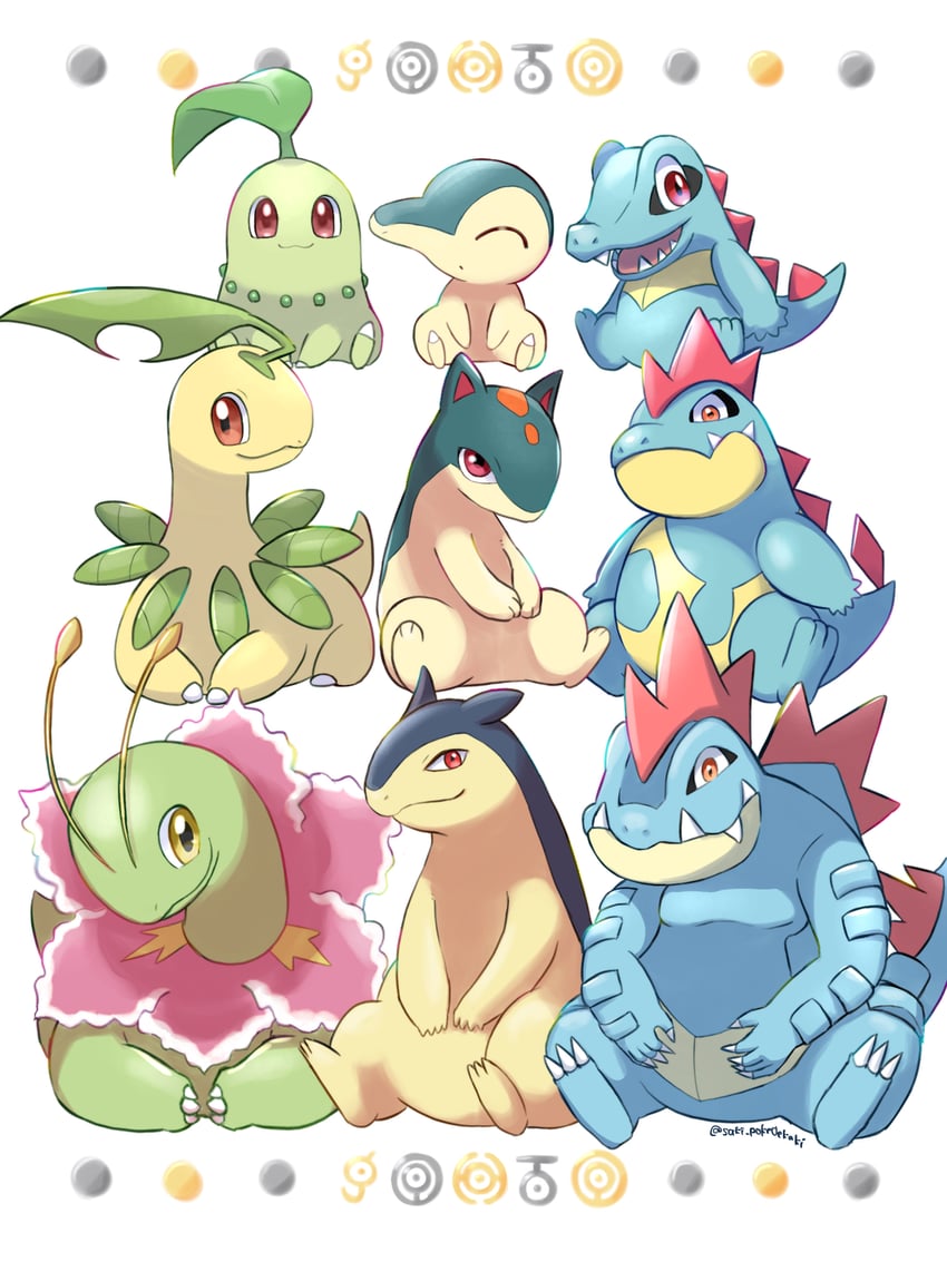 cyndaquil, chikorita, totodile, typhlosion, feraligatr, and 9 more (pokemon) drawn by saki_pokeoekaki
