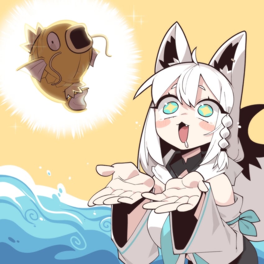 shirakami fubuki and magikarp (pokemon and 1 more) drawn by cocomayo29_(tomato)