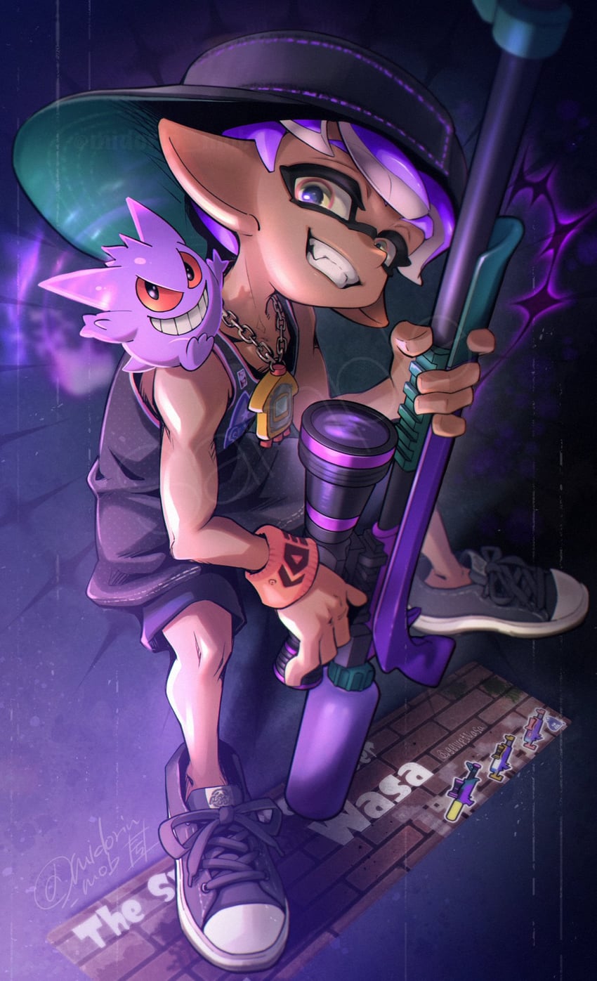 inkling player character, inkling boy, and gengar (pokemon and 1 more) drawn by kora_(midorin_mob)