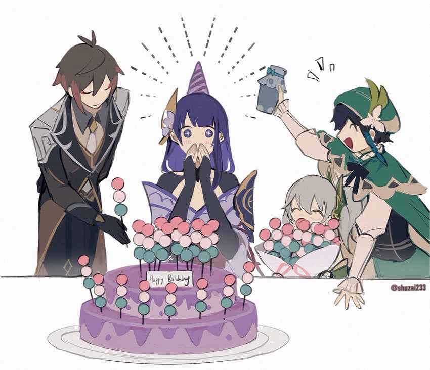 raiden shogun, nahida, zhongli, and venti (genshin impact) drawn by shuzai233