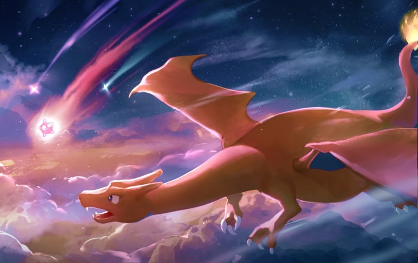 charizard and minior (pokemon) drawn by rat_chuuu