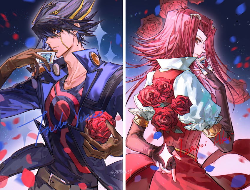 fudo yusei, izayoi aki, stardust dragon, and black rose dragon (yu-gi-oh! and 1 more) drawn by naoki_(2rzmcaizerails6)