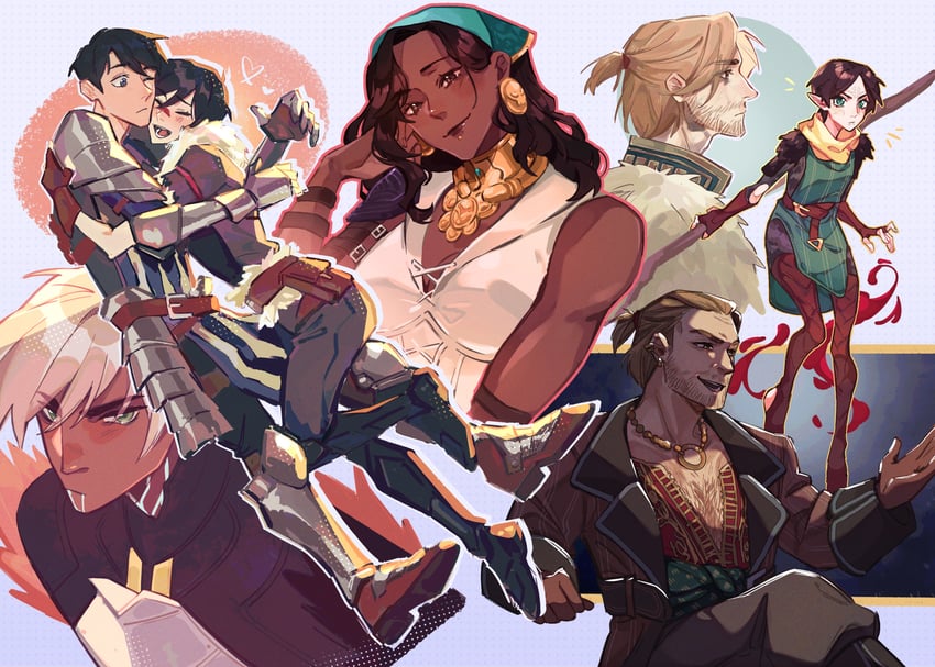 fenris, varric tethras, merrill, isabela, marian hawke, and 2 more (dragon age and 1 more) drawn by i-wanna-hug