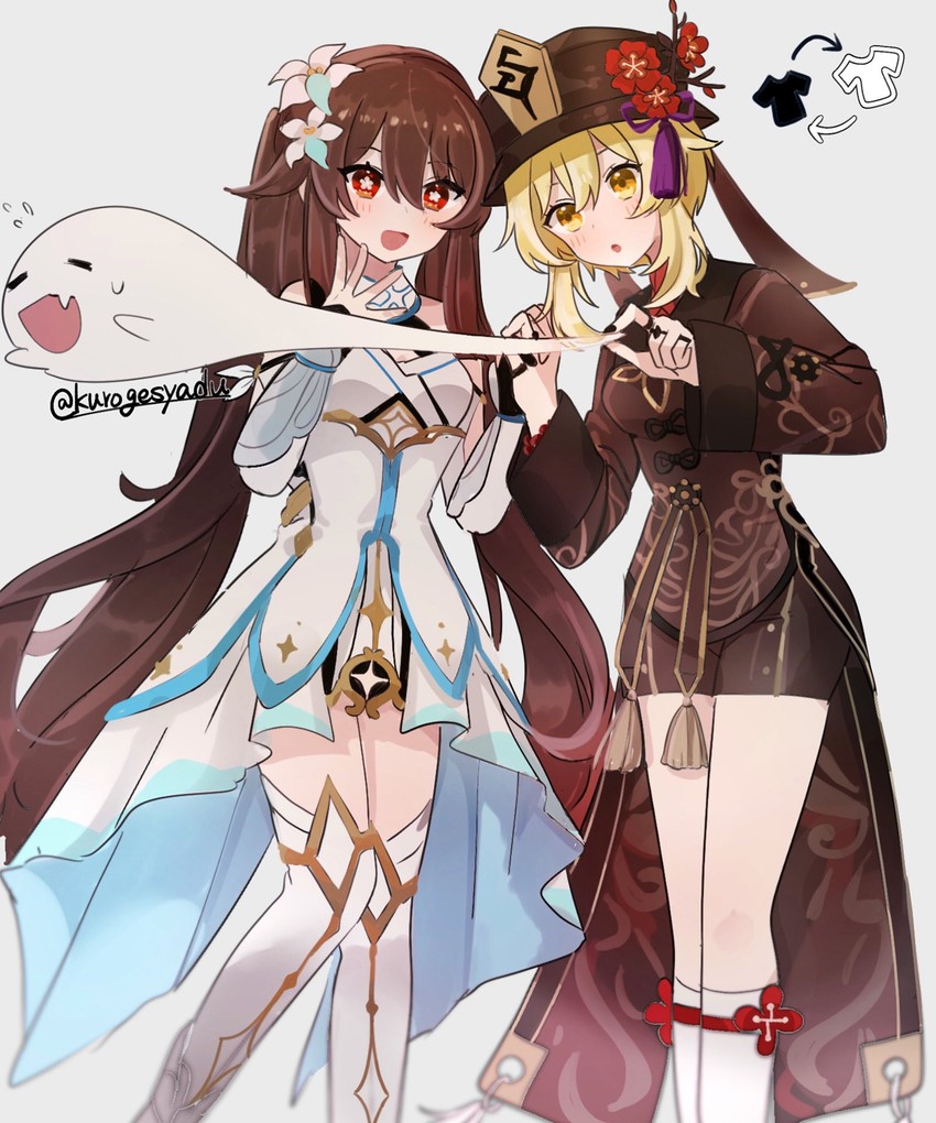 lumine, hu tao, and boo tao (genshin impact) drawn by kuromu_shado