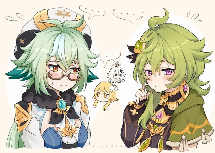 lumine, paimon, collei, and sucrose (genshin impact) drawn by melodymiisafer