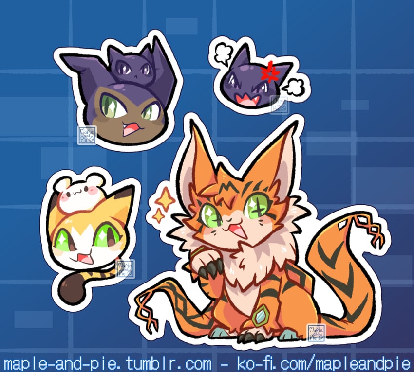 meicoomon, yukimibotamon, yarmon, keemon, and meicoomon baby (digimon) drawn by mapleandpie