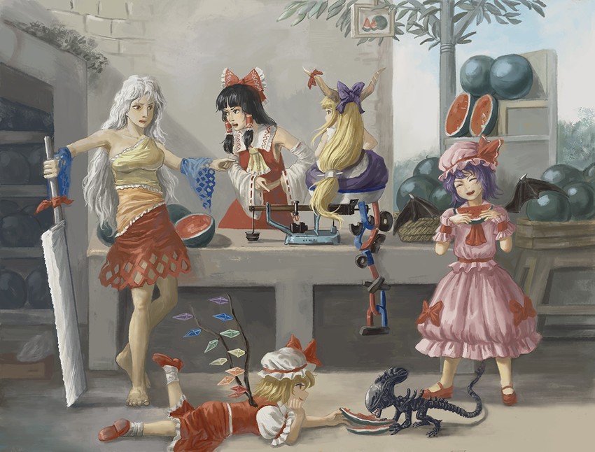 hakurei reimu, remilia scarlet, flandre scarlet, ibuki suika, sakata nemuno, and 1 more (touhou and 1 more) drawn by amibazh