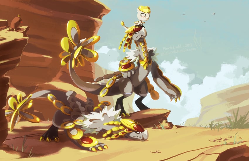kommo-o, jangmo-o, and alolan diglett (pokemon) drawn by galahawk