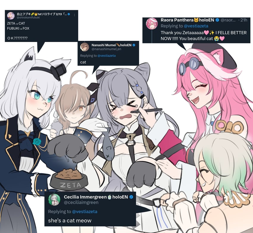 shirakami fubuki, nanashi mumei, raora panthera, cecilia immergreen, and vestia zeta (hololive and 3 more) drawn by idfasler