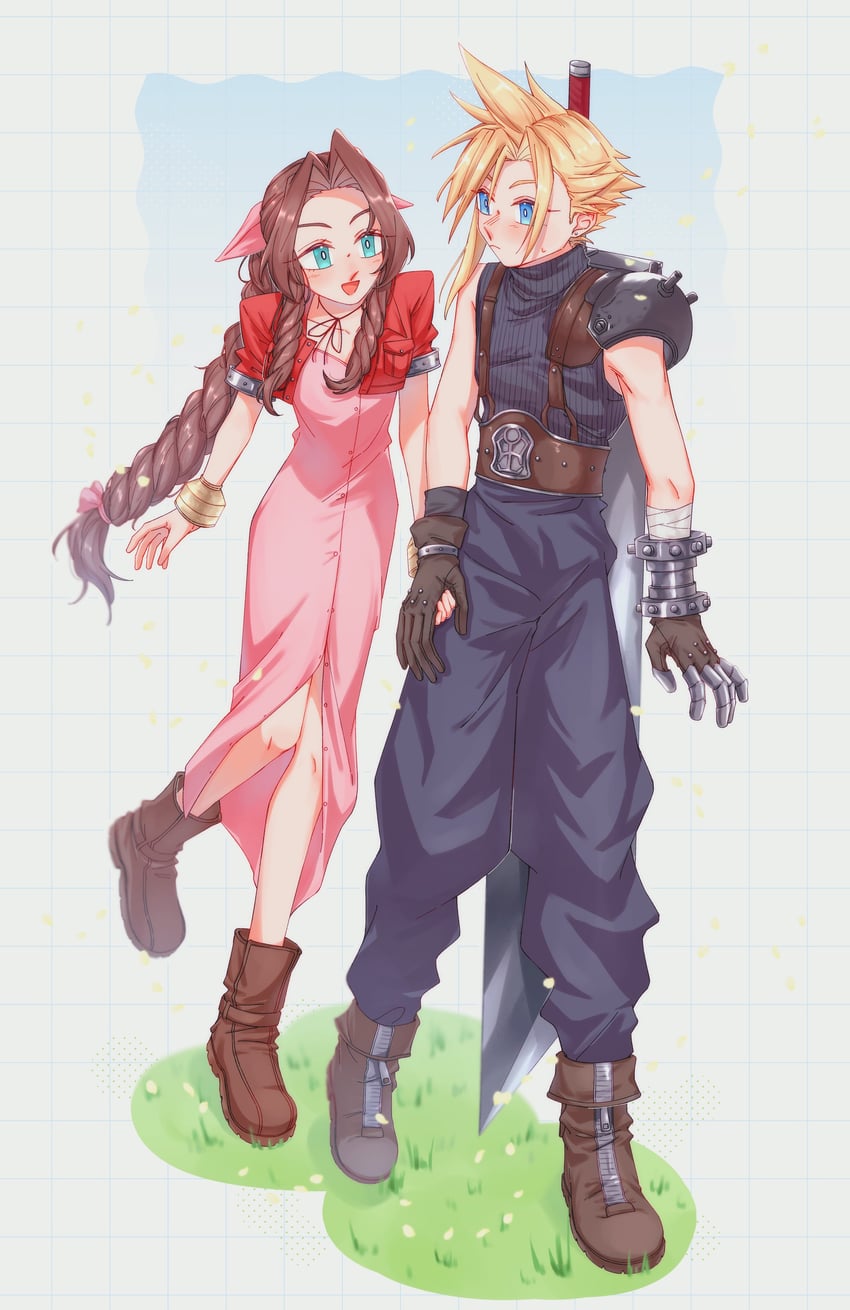 cloud strife and aerith gainsborough (final fantasy and 1 more) drawn by asa_00f