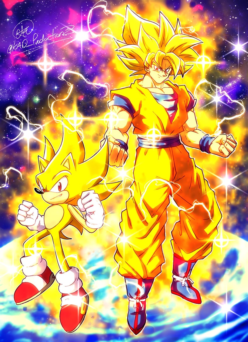 son goku, sonic the hedgehog, and super sonic (dragon ball and 1 more) drawn by kad_productions
