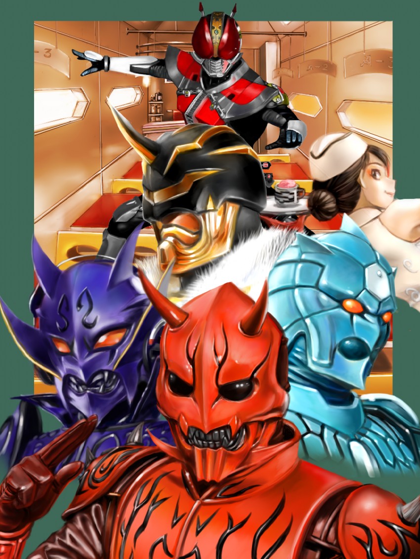 kamen rider den-o, momotaros, urataros, ryutaros, kintaros, and 1 more (kamen rider and 1 more) drawn by yusao