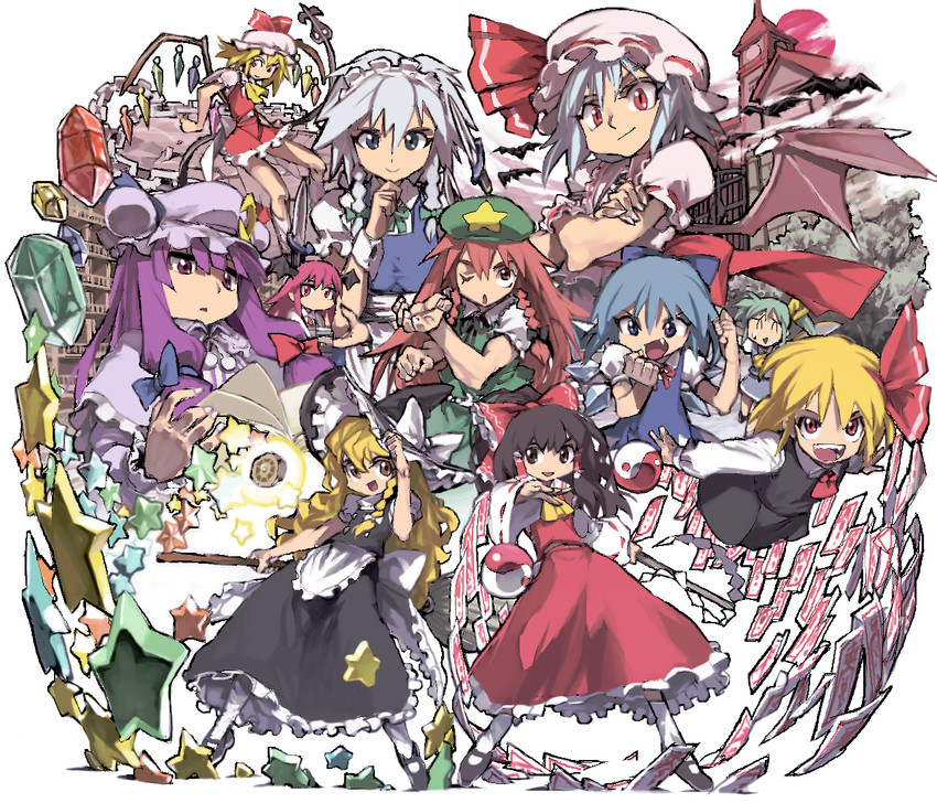 hakurei reimu, kirisame marisa, remilia scarlet, flandre scarlet, izayoi sakuya, and 6 more (touhou and 1 more) drawn by ysk!