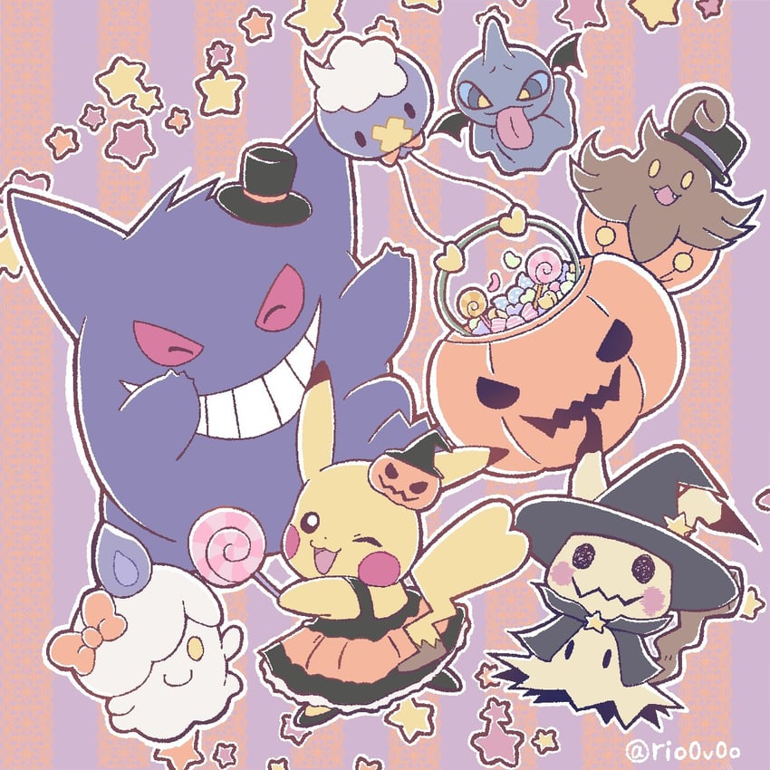 pikachu, gengar, mimikyu, litwick, drifloon, and 2 more (pokemon) drawn by rio_(rio0v0o)
