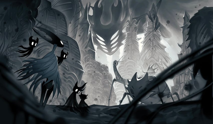 hollow knight, broken vessel, void entity, and shade (hollow knight) drawn by frostedmirror