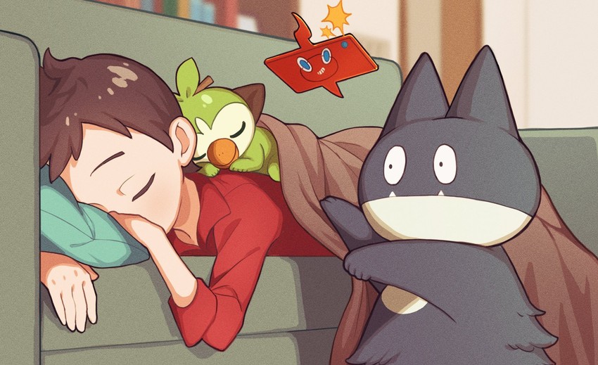 rotom, rotom phone, victor, grookey, and munchlax (pokemon and 1 more) drawn by amakara000