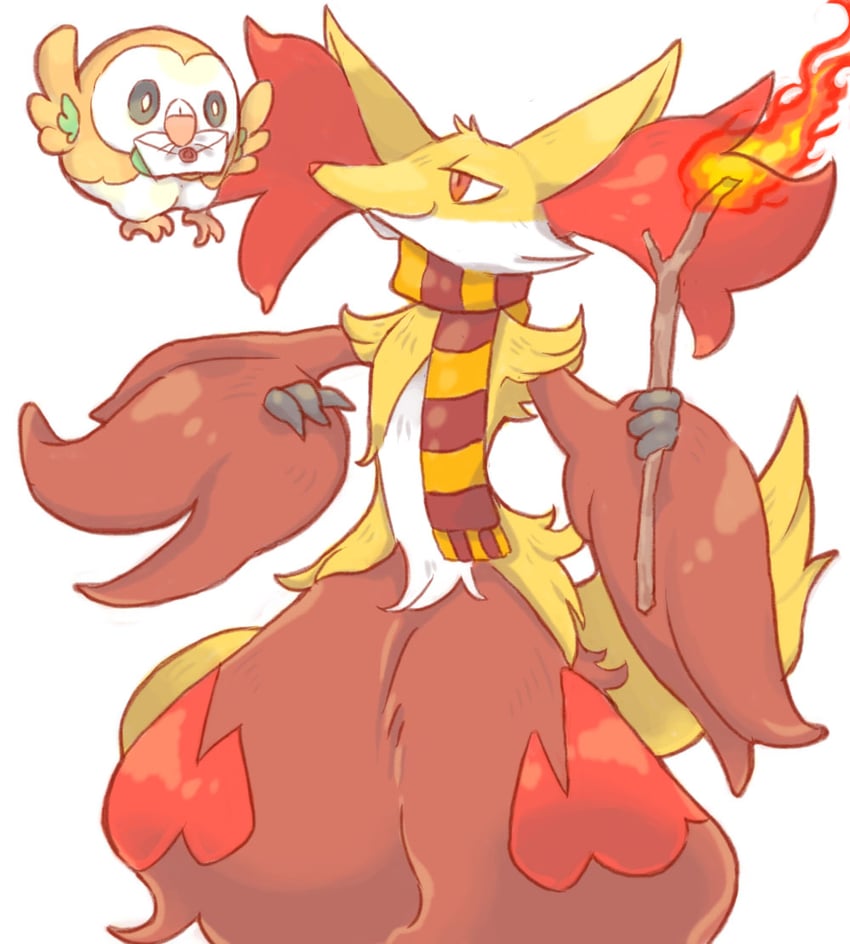 rowlet and delphox (pokemon and 2 more) drawn by akadako