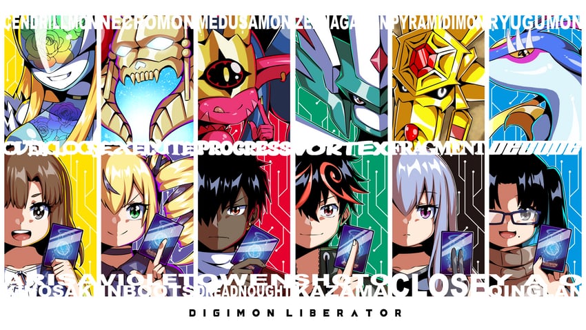 violet inboots, cendrillmon, kinosaki arisa, kazama shoto, medusamon, and 7 more (digimon and 2 more) drawn by diti_(selecta)