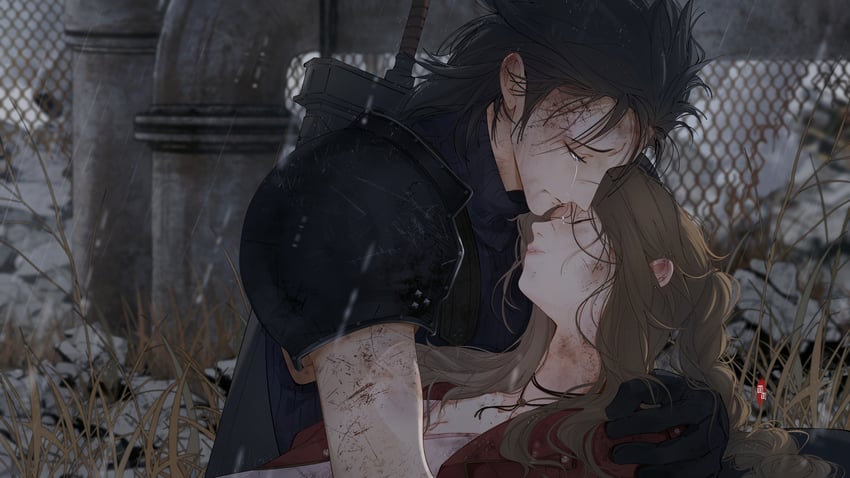 aerith gainsborough and zack fair (final fantasy and 3 more) drawn by mianmian741