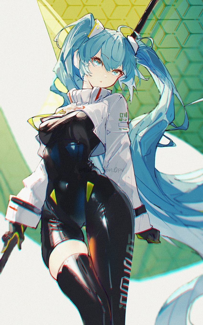 hatsune miku and racing miku (vocaloid and 2 more) drawn by openvl