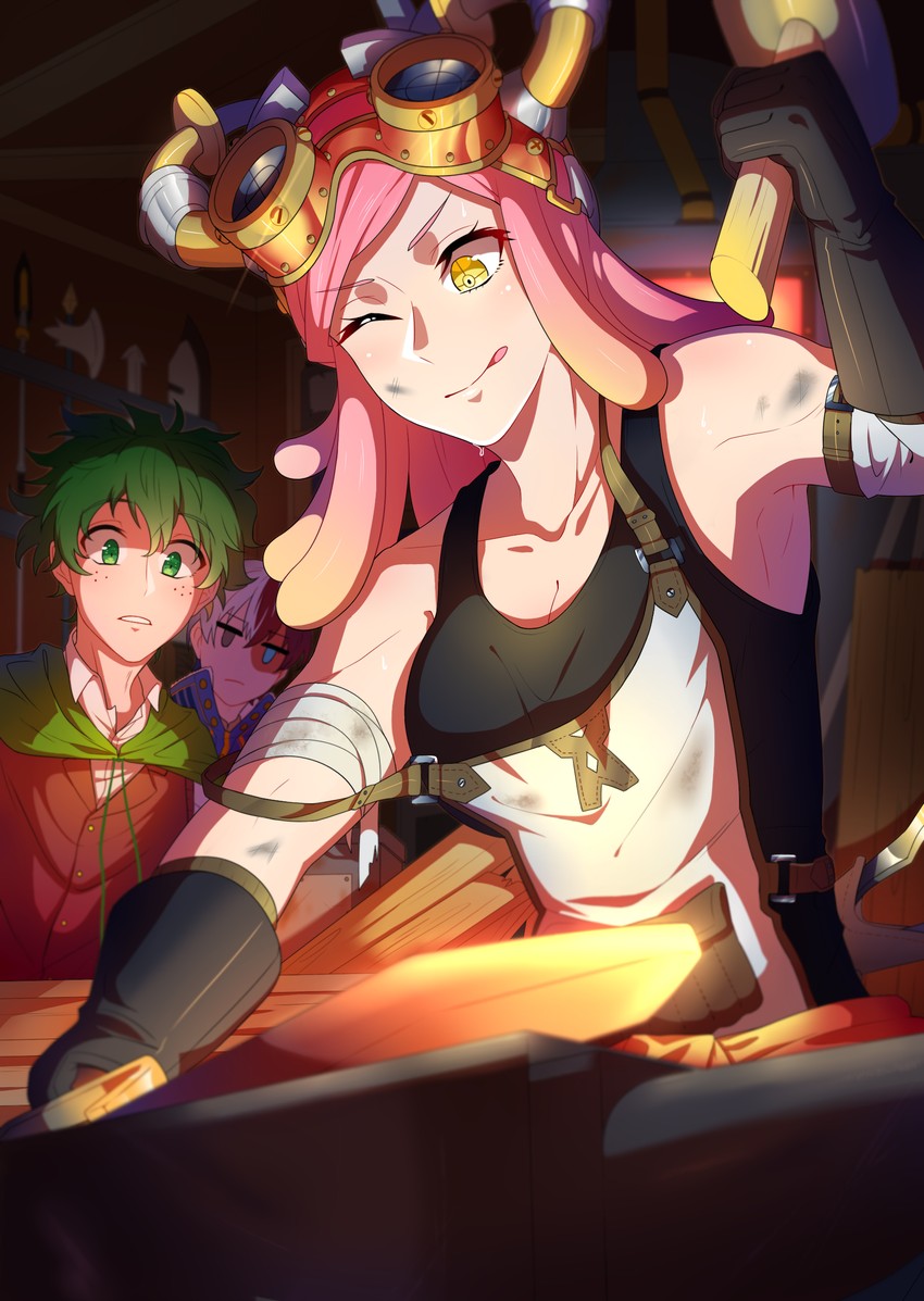 midoriya izuku, todoroki shoto, and hatsume mei (boku no hero academia) drawn by turtoaud
