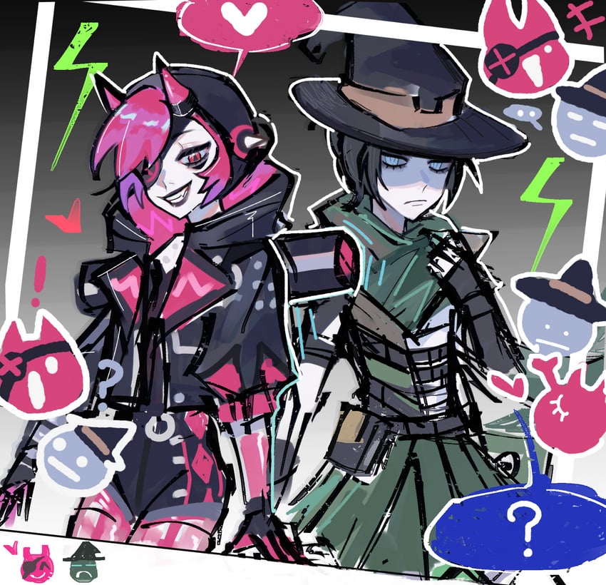 wattson, wraith, cyber punked wattson, and emerald enchantress wraith (apex legends) drawn by san_chuo_chuan