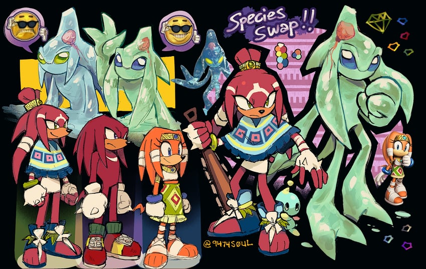 knuckles the echidna, neutral chao, tikal the echidna, chaos, chaos 0, and 1 more (sonic and 2 more) drawn by 9474s0ul