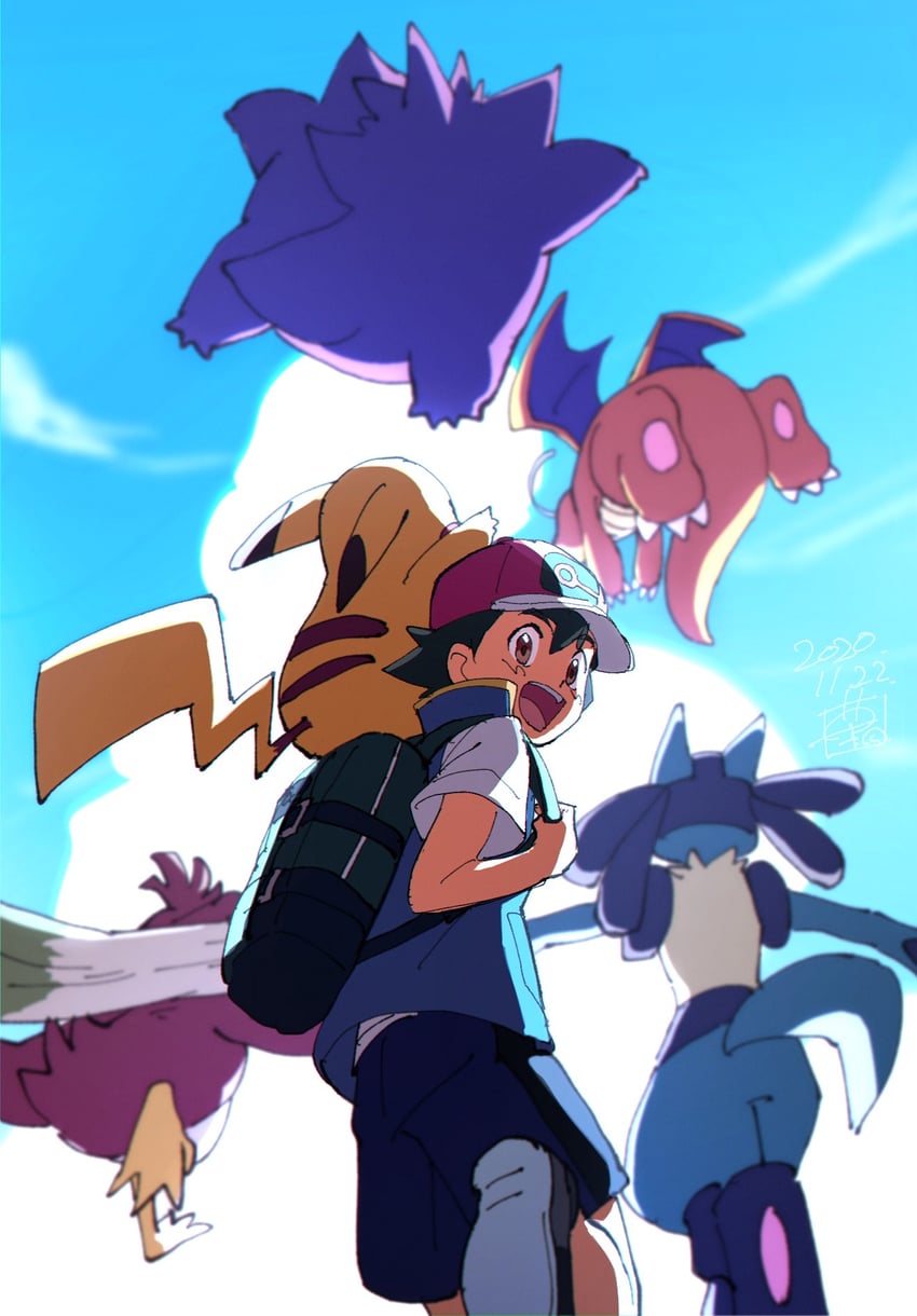 pikachu, ash ketchum, lucario, gengar, dragonite, and 1 more (pokemon and 1 more) drawn by ueda_hanako