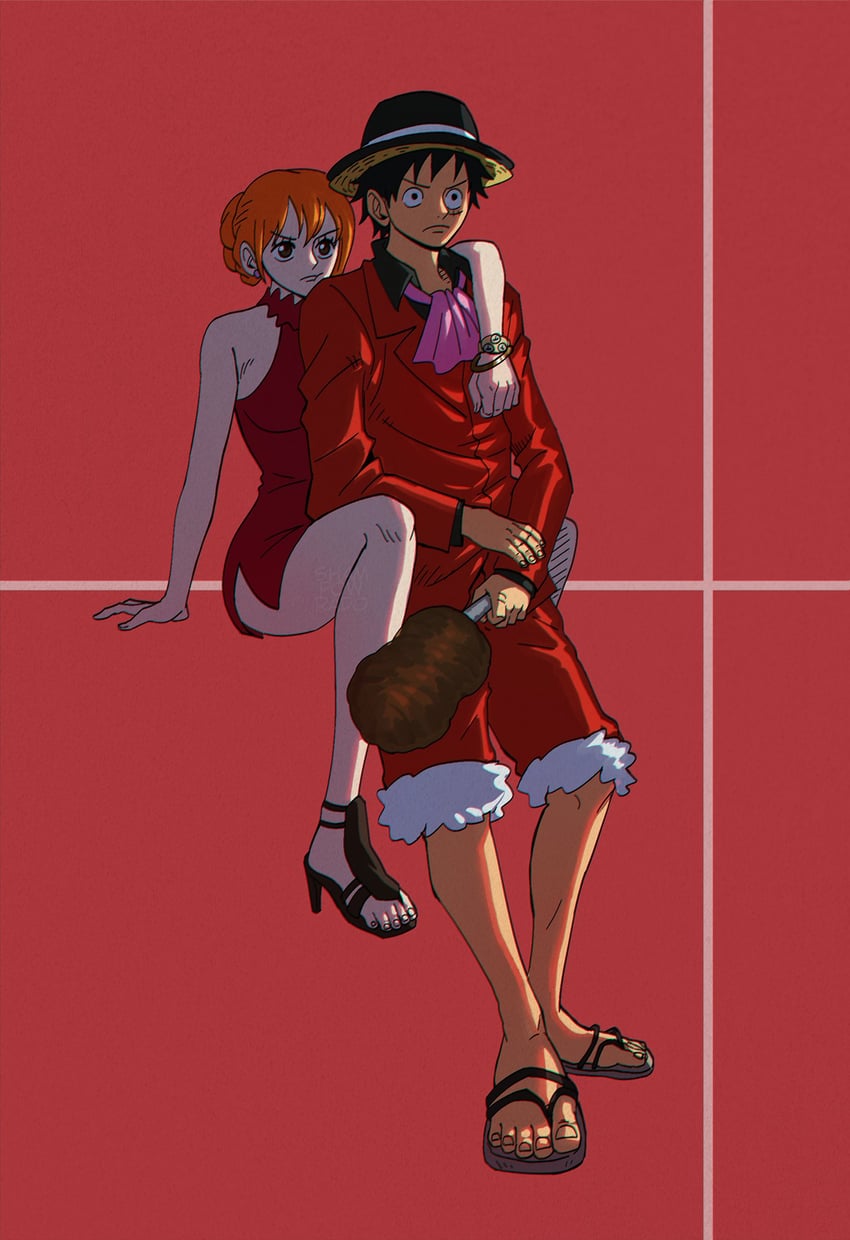 nami and monkey d. luffy (one piece) drawn by shampowrado