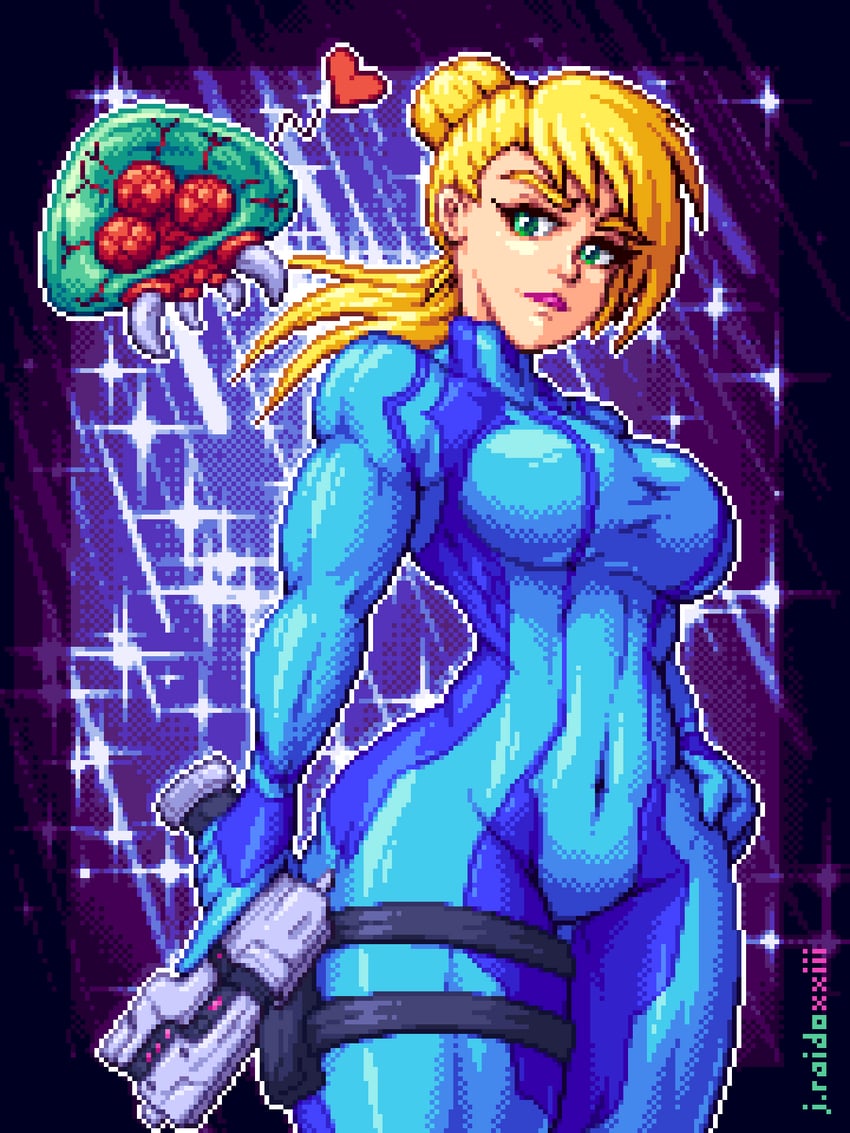 samus aran, metroid, and metroid larva (metroid) drawn by j.raido