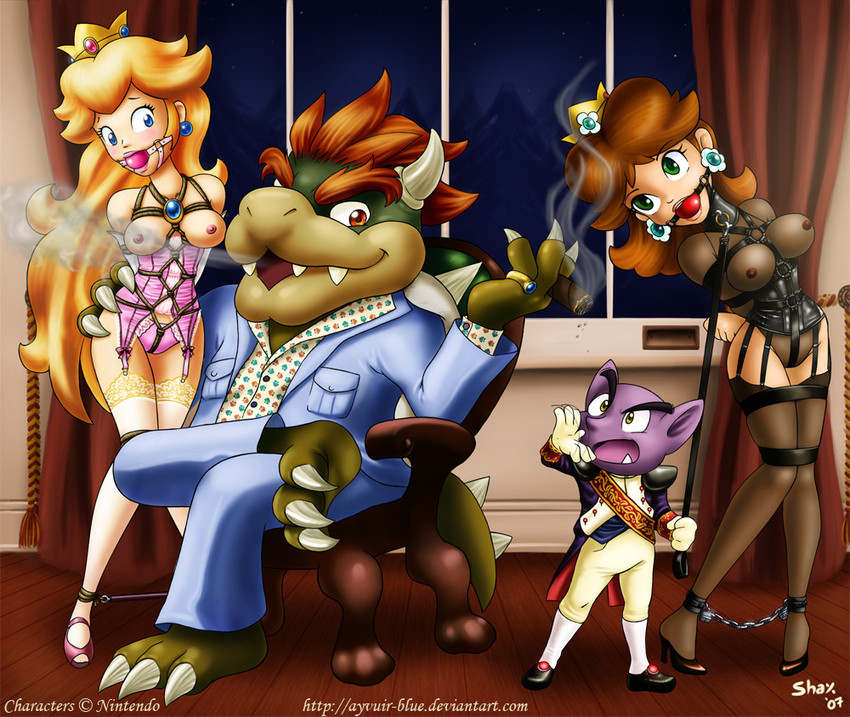 princess peach, princess daisy, bowser, and tatanga (mario) drawn by shaxbert