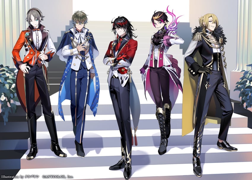 ike eveland, vox akuma, luca kaneshiro, shu yamino, and mysta rias (nijisanji and 1 more) drawn by take_bayashi_3d
